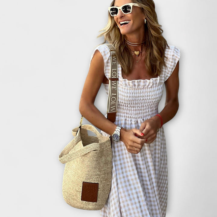 Karirana Maxi Haljina s Volanastim Rukavima