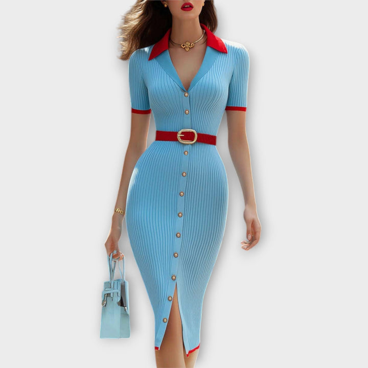 Sina - Stilske pastelno plave rebraste uske haljine