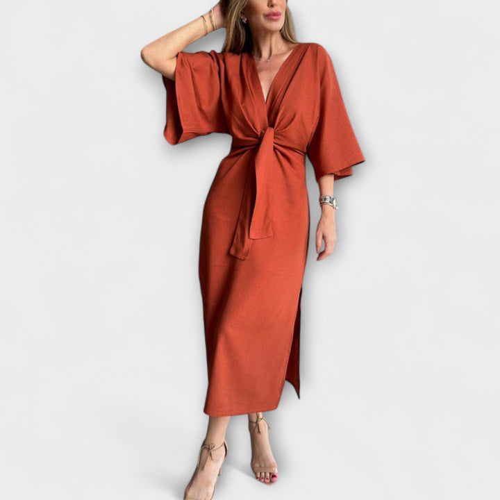 Holly - Ležerna haljina s V-izrezom, izrađena od pamuka i lana s vezanjem