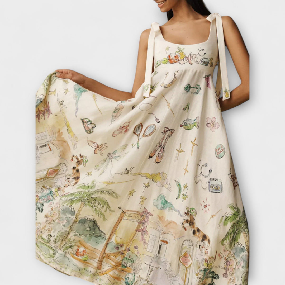 Juliette - Barvane midi haljine od lanene tkanine s baletnim pojasom