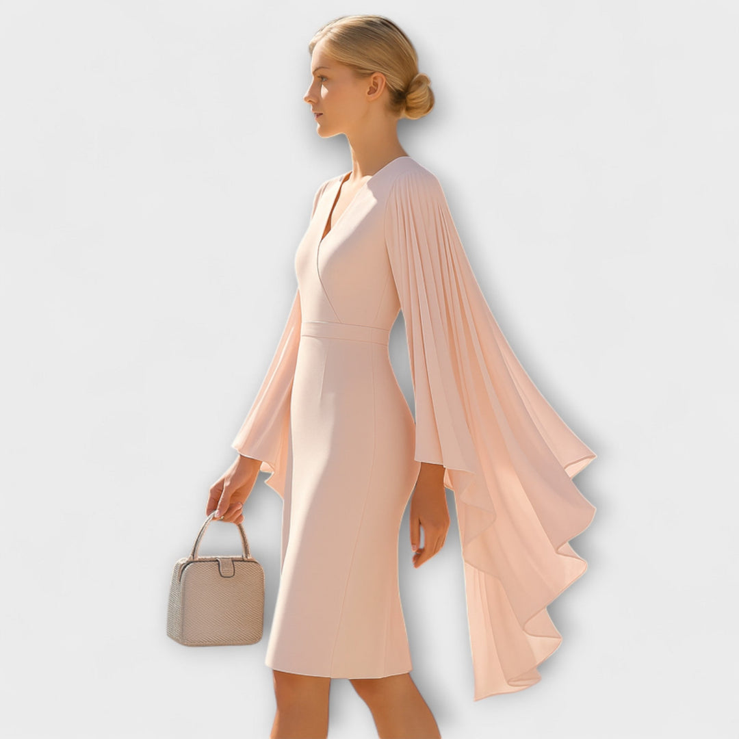 Rachel - Roza midi haljina s V-izrezom i šifonskim rukavima