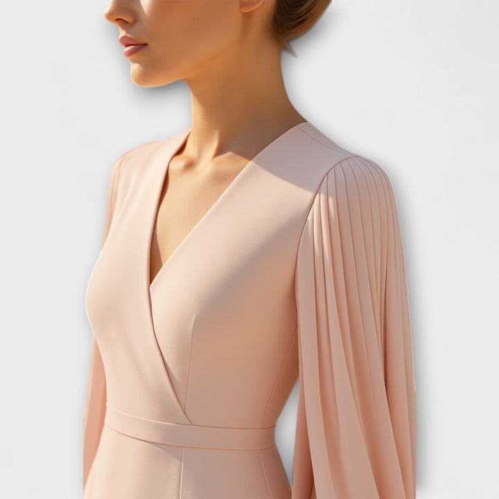 Rachel - Roza midi haljina s V-izrezom i šifonskim rukavima