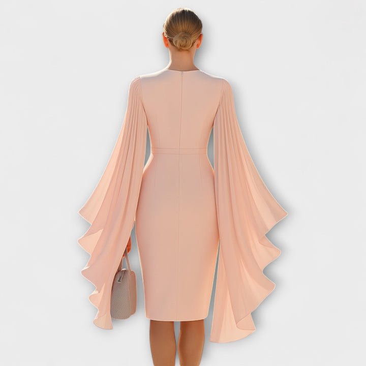 Rachel - Roza midi haljina s V-izrezom i šifonskim rukavima