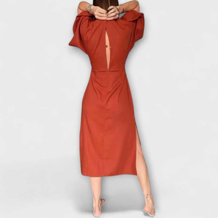 Holly - Ležerna haljina s V-izrezom, izrađena od pamuka i lana s vezanjem