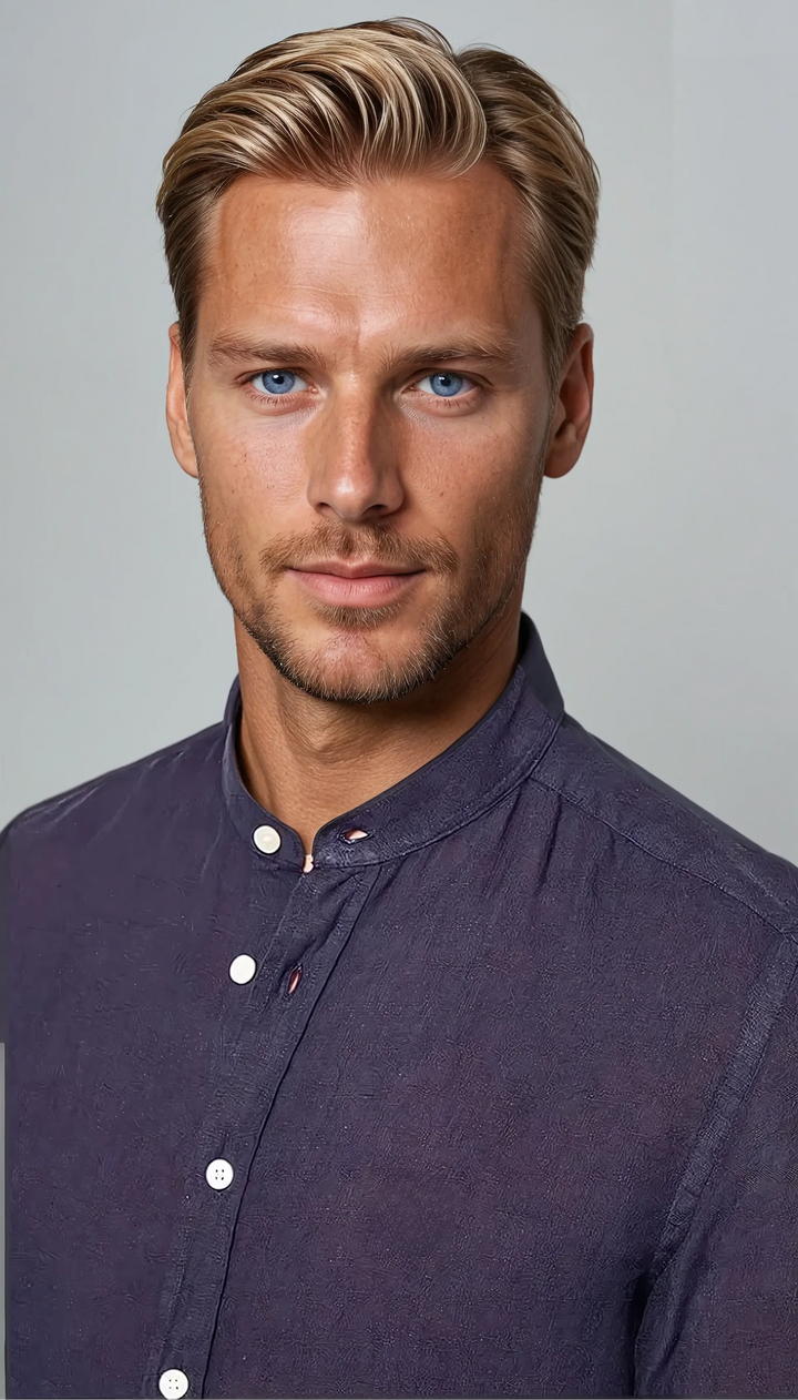 Linen košulja s band ovratnikom mornarsko plava