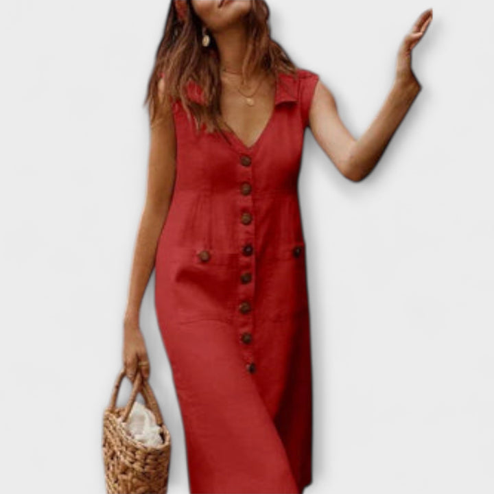 Nora – A-linijska haljina od pamuka i lana s V-izrezom