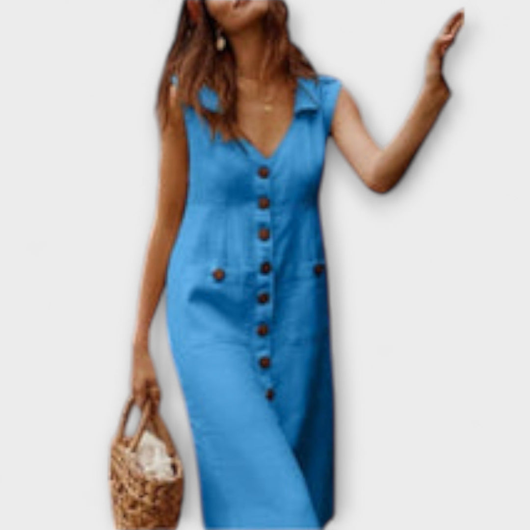 Nora – A-linijska haljina od pamuka i lana s V-izrezom