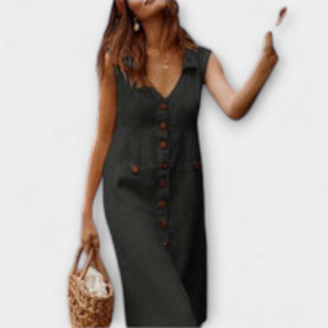 Nora – A-linijska haljina od pamuka i lana s V-izrezom