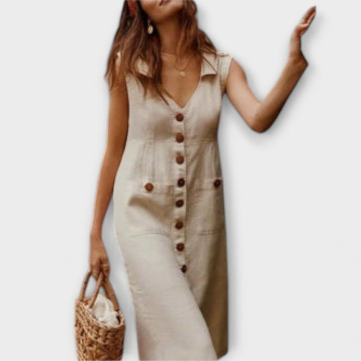 Nora – A-linijska haljina od pamuka i lana s V-izrezom