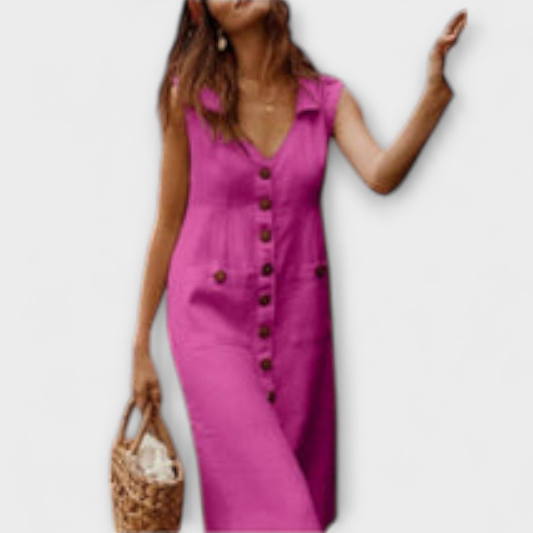 Nora – A-linijska haljina od pamuka i lana s V-izrezom