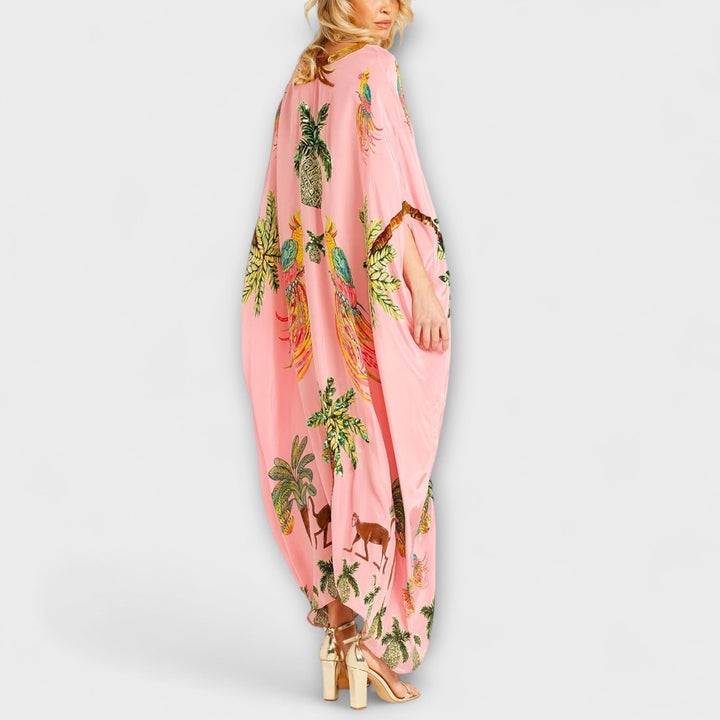 Linda - Impresivna haljina s asimetričnim naramenicama i printom kokosovih palmi